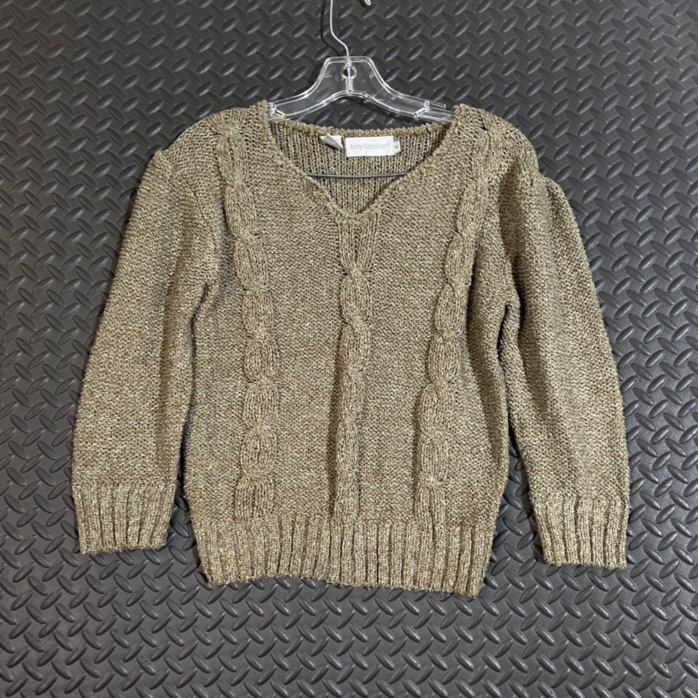Tony Lambert Brown Cable Knit V-Neck‎ Pullover Sweater Women's Size Medium